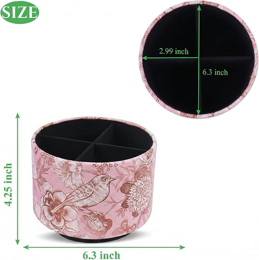 Round Leather Art Supply Organizer,Remote Control Holder,360 Degree Spinning,Multi-Functional Pencil Holder,4 Compartments Desktop Stationary Organizer(1-Pink Bird)