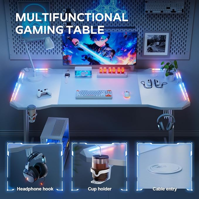 HLDIRECT 47 Inch Gaming Desk with LED Lights Carbon Fibre Surface Gaming Table Large Computer Desk Ergonomic Home Office Desks Z Shaped PC Gamer Workstations with Cup Holder & Headphone Hook White
