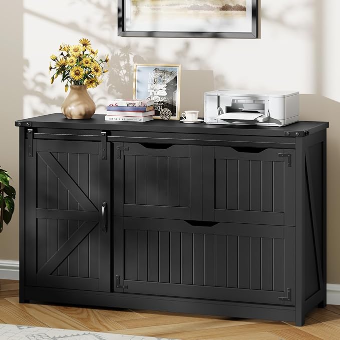 Halitaa 47.8” Farmhouse Lateral File Cabinet with Sliding Barn Door, 3 Drawers Filing Storage Cabinets with Adjustable Shelf, Office Printer Stand for Hanging Files Letter/Legal/A4/F4.Pure Black