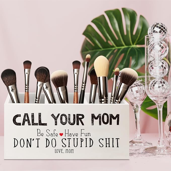 Funny Call Your Mom Wooden Pen Pencil Holder for Office Desk Accessories, Gifts for Freshman Son Daughter College Students Makeup Brush Toothbrush Holder Organizer for Bathroom