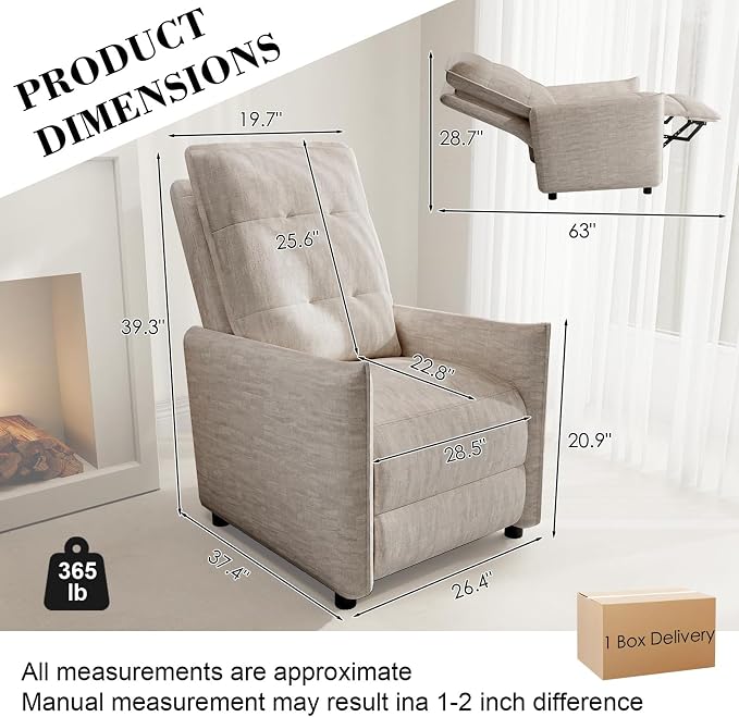 Recliner Chair for Women, Small Recliners for Small Spaces with High Back, Manual Push Back Nursery Chair Overstuffed High-Density Foam for Nursing Bedroom Living Room (Beige)