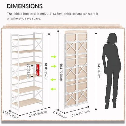 4NM 6 Tiers No Assembly Book Shelves, 61.8" H Folding Bookshelf Bookcase Open Industrial Foldable Shelves for Bedroom, Living Room, Home Office - Natural White