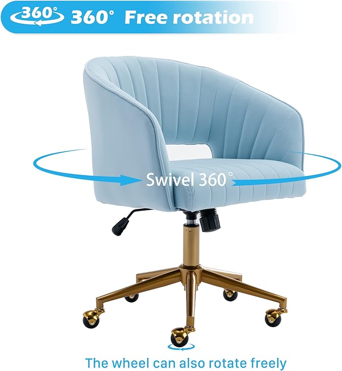 KCC Home Office Chair Swivel Desk Chair Accent Armchair Upholstered Modern Tufted Chairs with Gold Base for Girls Women Ergonomic Study Seat Computer Task Stools, with Wheels, Velvet(Blue)