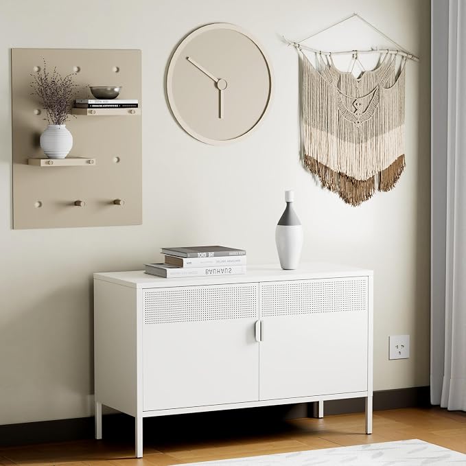 Chshin Metal Storage Cabinet with Doors,White Accent Cabinet,Metal Locker Storage Cabinets,2 Door TV Media Stand with Removable Shelves for,Home,Office,Entryway,Living Room