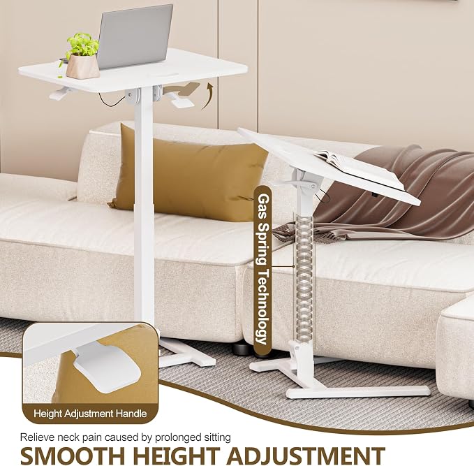 25 Inch Mobile Foldable Standing Desk, 180 Tiltable Portable Rolling Laptop Table, Height Adjustable Sit-Stand Desk with Wheels, No Assembly Computer Workstation for Home Office, White