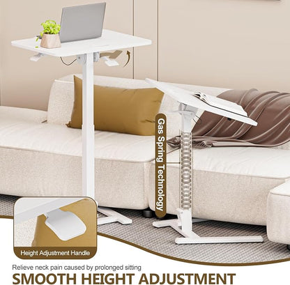 25 Inch Mobile Foldable Standing Desk, 180 Tiltable Portable Rolling Laptop Table, Height Adjustable Sit-Stand Desk with Wheels, No Assembly Computer Workstation for Home Office, White
