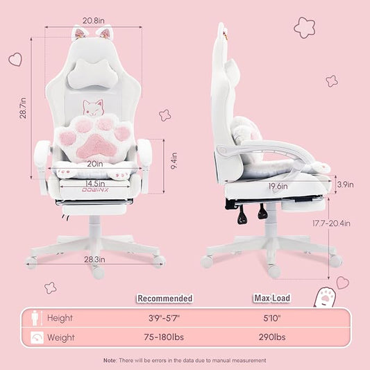 Dowinx Gaming Chair with Cat Ears and Massage Lumbar Support, Ergonomic Computer Chair with Footrest and Headrest, Comfortable Reclining Game Chair 290lbs for Adults, White