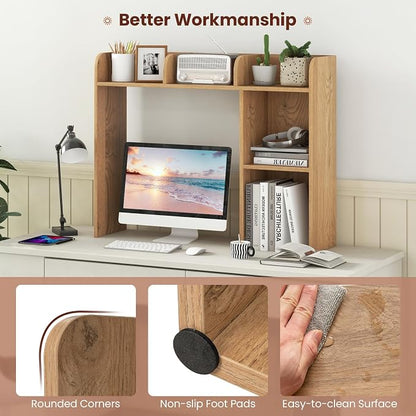 LDAILY Desktop Shelf, Multipurpose Wood Desk Hutch for Max 27" Computer Monitor, Countertop Storage Hutch with 5 Shelves, 3 Tier Desktop Display Rack for Dorm Office Home (Natural)