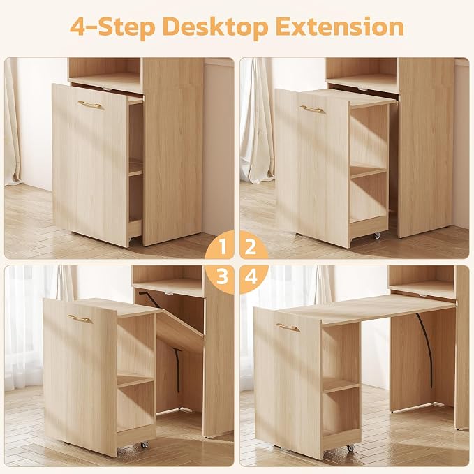 Zevemomo Folding Desk with Storage, Convertible Table with Shelves & Wheels, Craft Cabinet with Fold Out Table, Compact Computer Desk for Small Space, Reversible L Shaped Desk - Beige