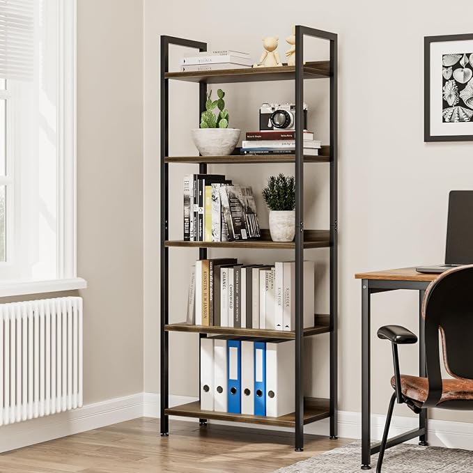 NUMENN Bookshelf, 5 Tier Bookshelves, Home Office Bookcase Shelf Storage Organizer, Free Standing Storage Shelving Unit for Bedroom, Living Room and Home Office, Dark Walnut