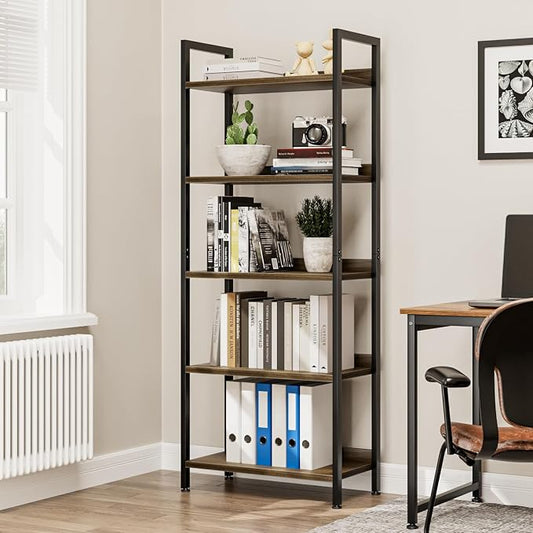 NUMENN Bookshelf, 5 Tier Bookshelves, Home Office Bookcase Shelf Storage Organizer, Free Standing Storage Shelving Unit for Bedroom, Living Room and Home Office, Dark Walnut