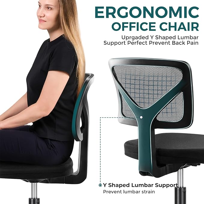 DUMOS Armless Office Chairs with Wheels, Ergonomic Adjustable Home Desk Swivel Rolling Task Chair No Arms, Comfy Mesh Mid Back Computer Work Vanity Desk Chairs for Small Spaces, New Black