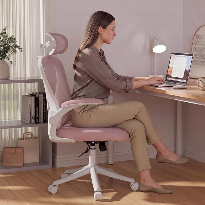 SeekFancy Pink Ergonomic Office Chair with Memory Foam, Computer Desk Chair | M903 Pro, 3D Headrest, 90° Flip-Up Arms, 330LBS Capacity, Lumbar Support, Memory Foam Cushion for Long hours