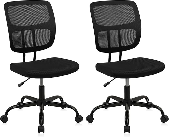 CLATINA Home Office Chair No Arms with Wheels, Adjustable Height Small Desk Chair, Ergonomic Mesh Rolling Work Swivel Chairs, 360 Swivel Computer Chair for Office, Reading Meeting Room 2PK(Black)