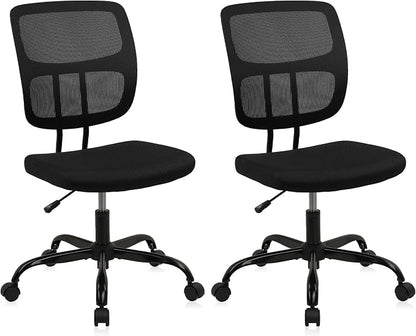 CLATINA Home Office Chair No Arms with Wheels, Adjustable Height Small Desk Chair, Ergonomic Mesh Rolling Work Swivel Chairs, 360 Swivel Computer Chair for Office, Reading Meeting Room 2PK(Black)
