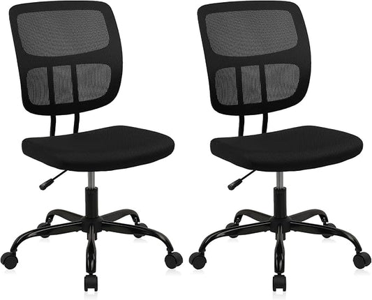 CLATINA Home Office Chair No Arms with Wheels, Adjustable Height Small Desk Chair, Ergonomic Mesh Rolling Work Swivel Chairs, 360 Swivel Computer Chair for Office, Reading Meeting Room 2PK(Black)