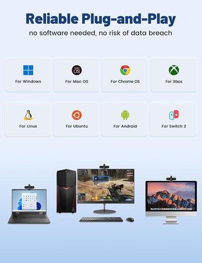 Pro UHD 4K/30fps Webcam with Tripod, External USB Camera for PC/Laptop | Dual noise-cancelling mics | Auto-focus | Wide-angle | Low-light correction | 360° rotation | CMOS sensor | Plug and Play