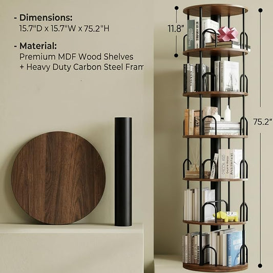 6 Tier Rotating Bookshelf Tower, Standing Tall Corner Wood, Black Metal Modern Book Shelf Organizer Retro Vintage Rustic Farmhouse Large Bookshelf Book Display Furniture for Your Home, Office, Kids