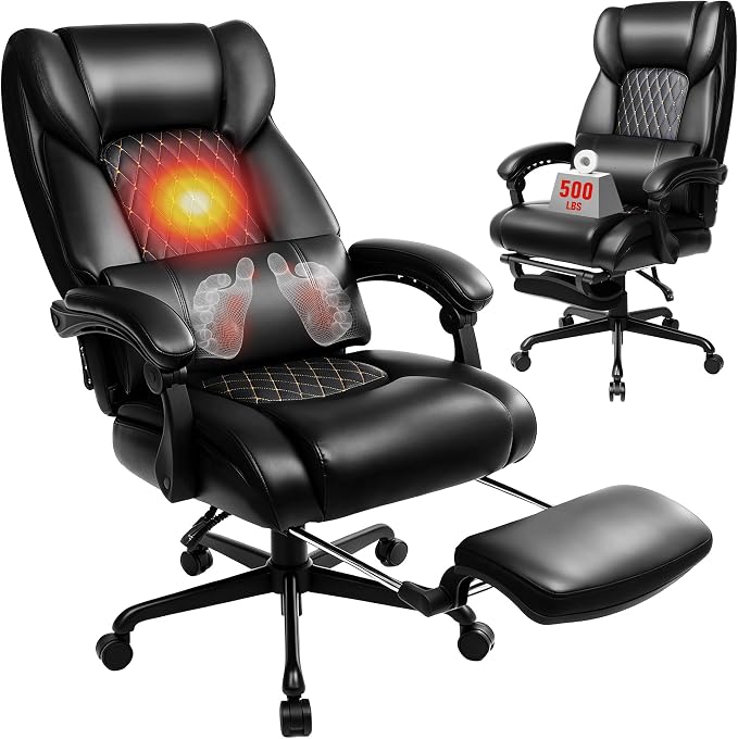 3D Kneading Massage Office Chair with Heat, 500 lbs Big and Tall Executive Computer Desk Recliner, Leather Electric Heated Chair with Footrest, Black