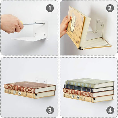 Jetec 6 Pack Invisible Floating Bookshelf Wall Mounted Floating Bookshelves Heavy Duty Book Organizers Hidden Book Shelf Metal Shelves Holder for Books Bedroom Living Room Home Office (White)