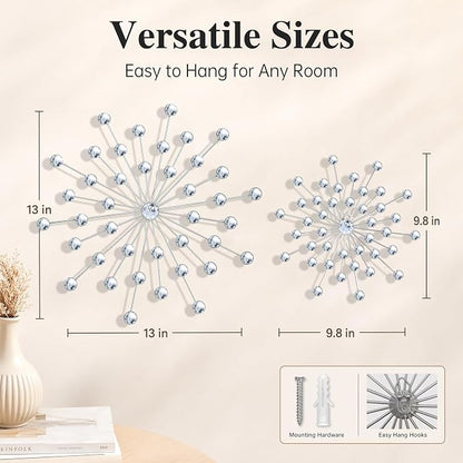 ZEXUIRU 4 Set Silver Starburst Wall Art for Home Decor Metal Bling Crystal Rhinestones Sunburst Wall Decor Sparkling Rhinestone Art Accent Silver - 13 in