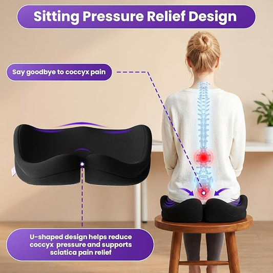 ZZ-WELL Seat Cushion for Office Chairs, Black, 21.2 Inches | Coccyx Cushion for Tailbone Pain, Memory Foam, Extra Large Thick, Patented Pressure Relief, Computer Gaming Chair