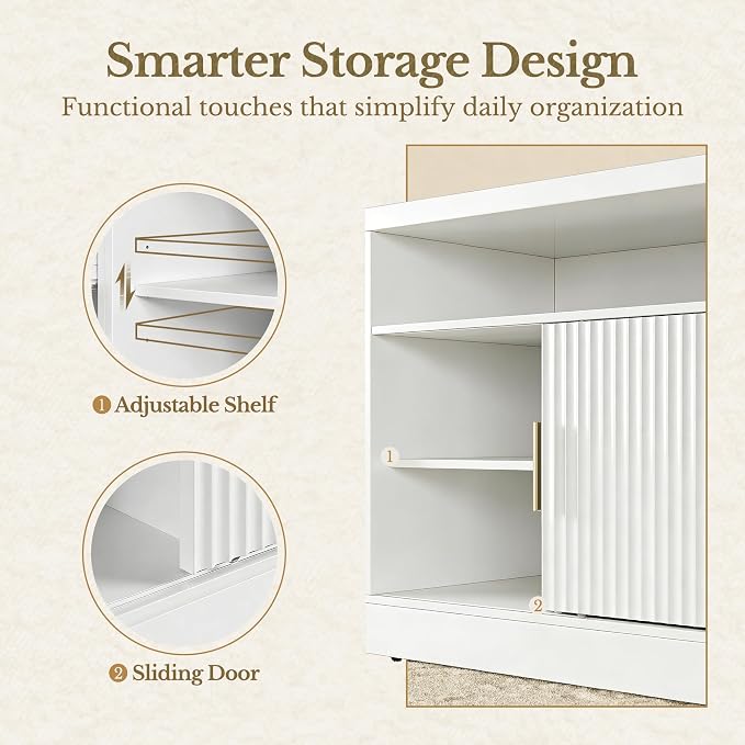 Fluted File Cabinet with Door, 32'' Lateral File Cabinet with Open Adjustable Shelves, Wood Filing Cabinet with Sliding Door for Home Office, White