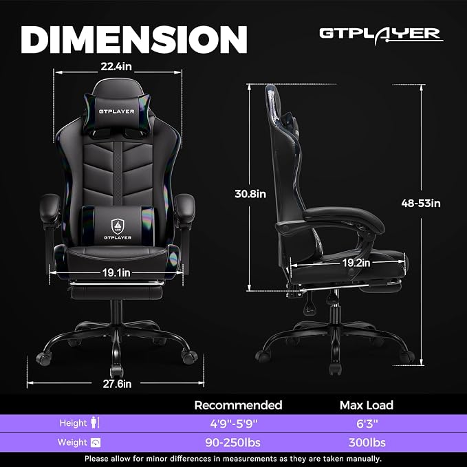 GTPLAYER Gaming Chair with Footrest, Computer Gaming Chair for Adults, Height Adjustable Gamer Chair with 90-155° Recline & Removable Headrest Lumbar Support, Colorful Black