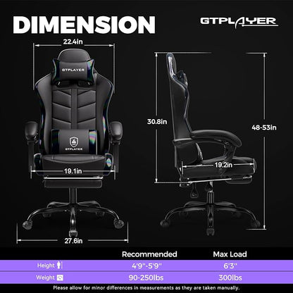 GTPLAYER Gaming Chair with Footrest, Computer Gaming Chair for Adults, Height Adjustable Gamer Chair with 90-155° Recline & Removable Headrest Lumbar Support, Colorful Black
