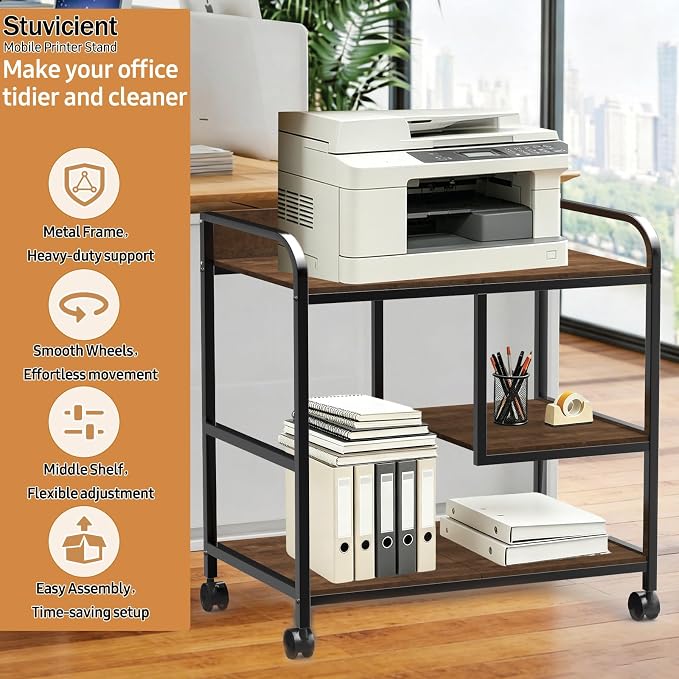 Printer Stand Large Storage for Office: Sturdy Steel Frame Mobile and Printer Table with Adjustable Storage Shelf - Easy Installation and Stability Design Table with Wheels for Scanners Paper File