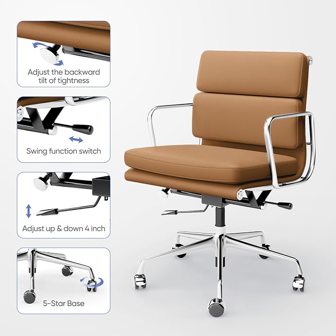 Genuine Leather Office Chair, Padded Mid Back Ergonomic Executive Desk Chair with Aluminum Arm Rest and Base, Swivel Wheels with Lumbar Support & Tilting Function, Hight Adjustable Light Brown