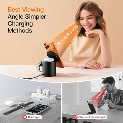 Foldable 3in1 Magnetic Wireless Charger,15W • Silent • Travel Ready, for iPhone17-12, Fast Charging Station for Apple Watch AirPods, Portable MagSafe Charger with Stand Mode for Travel & Desk