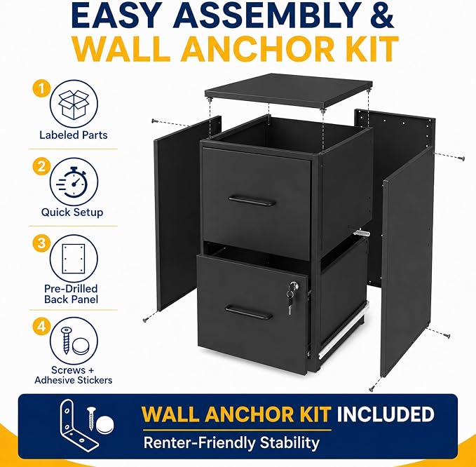 SAWJEC 2 Drawer File Cabinet with Lock, Small Metal Filing Cabinet for Home Office, Vertical Locking File Cabinet with Letter Size Hanging Files, Black, 25.6" H x 15.0" W x 17.7" D