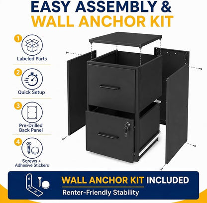 SAWJEC 2 Drawer File Cabinet with Lock, Small Metal Filing Cabinet for Home Office, Vertical Locking File Cabinet with Letter Size Hanging Files, Black, 25.6" H x 15.0" W x 17.7" D