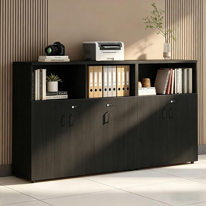File Cabinet with Password Lock, Wood Lateral Filing Cabinet for Letter/A4 Files, 3 Drawer with Door, Printer Stand with Open Shelves for Home Office