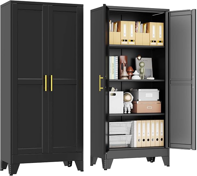 pozdeg 61" Tall Metal Storage Cabinet with 2 Doors & 3 Adjustable Shelves, Steel File Cabinet Multipurpose Organizer for Home Office Garage (Black)