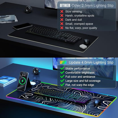 Mouse Pad with Phone Holder, Wireless Charging Desk Mat, RGB Gaming Mousepad Home Office Large Desk Pad with Ultra-Smooth Surface, Non-Slip Base, Waterproof Keyboard Pad,Topographic Black