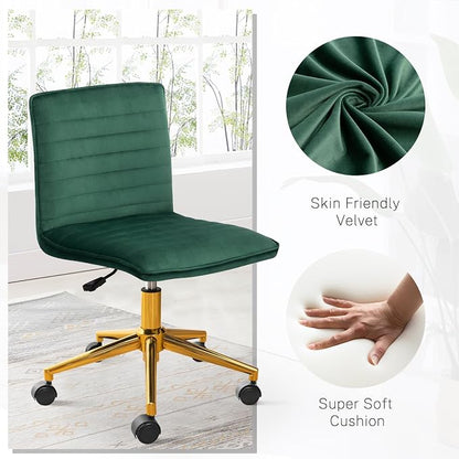 Furniliving Armless Vanity Chair with Wheels, Computer Rolling Desk Chair with Back Soft Velvet Fabic Height Adjustable Gold Metal Base Swivel Stool Chairs,DarkGreen
