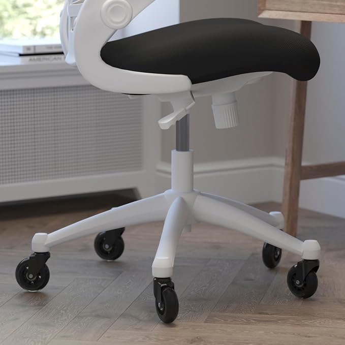 Flash Furniture Kelista Mid-Back Black Mesh Swivel Ergonomic Task Office Chair with White Frame, Flip-Up Arms, and Transparent Roller Wheels