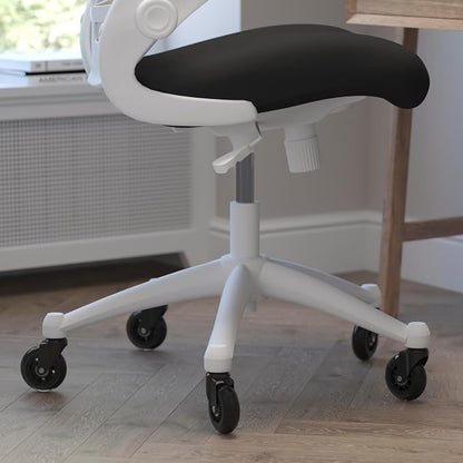 Flash Furniture Kelista Mid-Back Black Mesh Swivel Ergonomic Task Office Chair with White Frame, Flip-Up Arms, and Transparent Roller Wheels