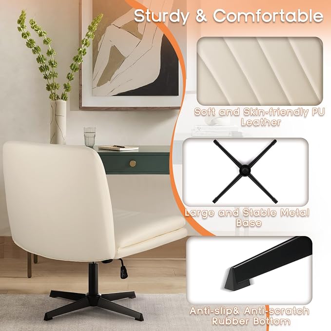 PUKAMI Criss Cross Chair,Comfy Cross Legged Office Desk Chair No Wheels,Modern Fabric Swivel Adjustable Height Mid Back Wide Seat for Home Office Computer (Pu Beige)