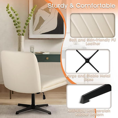PUKAMI Criss Cross Chair,Comfy Cross Legged Office Desk Chair No Wheels,Modern Fabric Swivel Adjustable Height Mid Back Wide Seat for Home Office Computer (Pu Beige)