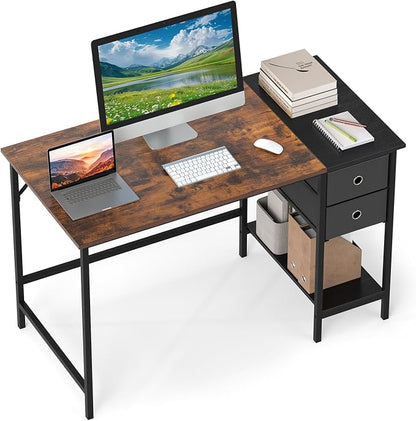 Giantex 48" Computer Desk with 2 Fabric Drawers, Industrial Home Office Desk with Open Storage Shelf, 2-Toned Finish & Metal Frame, Gaming Study Writing Table for Small Space, Bedroom, Rustic Brown