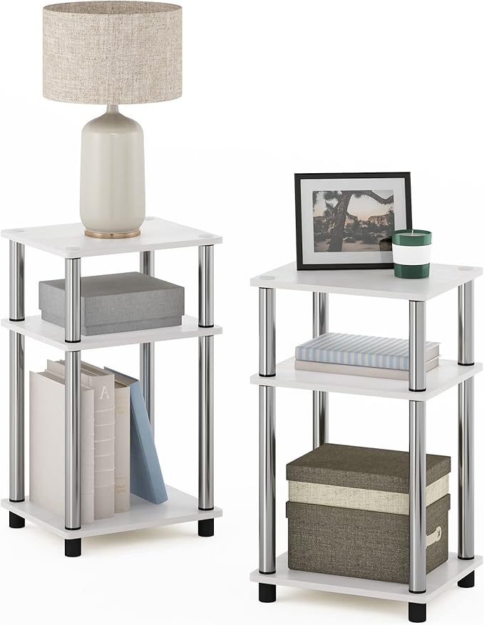 Furinno JUST Side Table Set of 2, 3-Tier Modern End Tables, Toolless Assembly Night Stand, Nightstand, Toolless Assembly, for Living Room, Bedroom, White Oak/Stainless Steel
