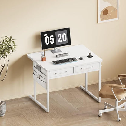 Maihail Small desk with Drawers, 31.5X15.8-22.9 Inches Office Computer Desk with Side Pocket & Ergonomic Adjustable Monitor Stand, Writing Table for Small Spaces, Kids desk, vanity desk Bedroom, White