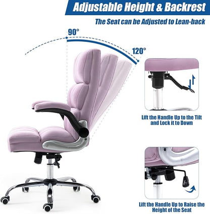 ECOTOUGE Executive Office Chair, Velvet Ergonomic Comfy Desk Chair, High Back Computer Chair with Adjustable Tilt Angle and Flip-up Arms (Violet, Without Footrest)