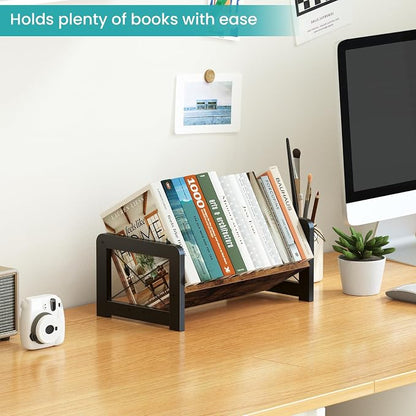 ELITEROO Desktop Bookshelf Organizer, Wood Slanted Desk Bookshelf, Small Tabletop Book Rack, Portable Mini Bookcase for Book Display, Cookbooks, Kids Reading, Office & Home Storage, Rustic Brown