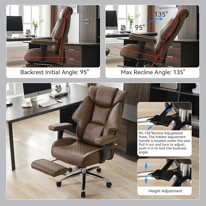 EXCEBET Big and Tall Office Chair with Footrest, PU Leather High Back Executive Office Chair 400lbs, Ergonomic Computer Chairs Lumbar Support for Heavy People (Brown)