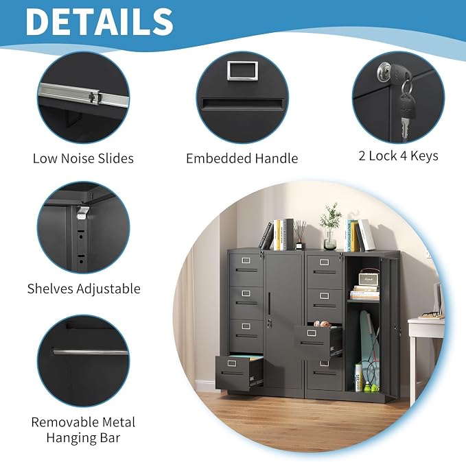 4 Drawer File Cabinet with Shelves and Hanging Rod, Metal Filing Cabinet with Lock for Home Office, File Storage Drawers for Legal/Letter Size Folders, Assembly Required (Black)