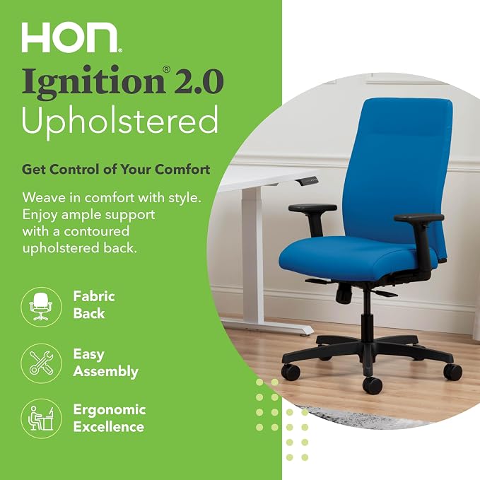 HON Ignition 2.0 Ergonomic Office Chair with Adjustable Arms, Standard Synchro‑Tilt Recline, Upholstered Desk and Computer Chair for Home Office or Workstation, Black Frame, Peacock